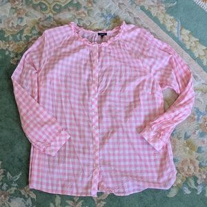 TALBOTS Women Size XL Blouse Top Pink Gingham Checked Raglan Ruffle Cotton